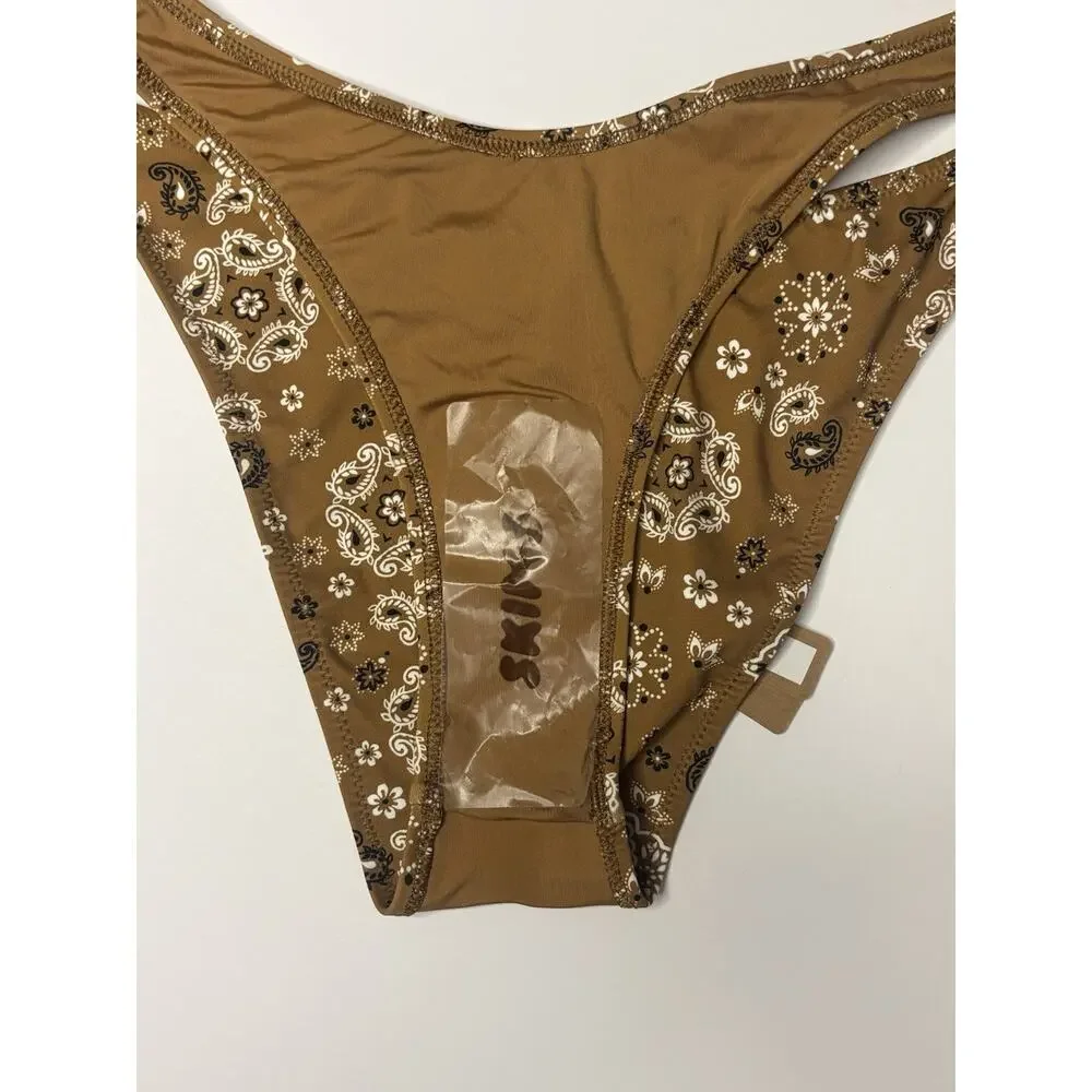 SKIMS Signature Plunge Top and Tanga Bottom Bikini Set Almond Bandana Sz S NWT